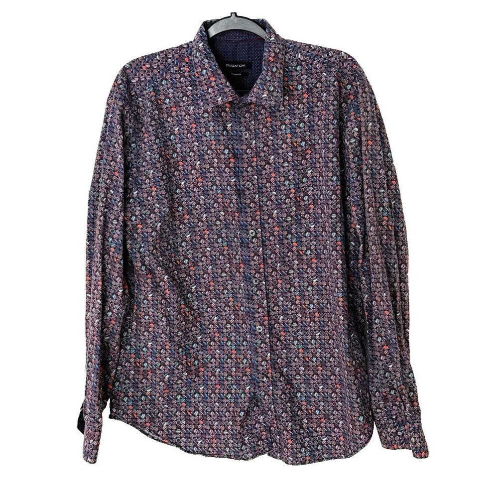 Bugatchi Long Sleeve Flip Cuff Shaped Fit Shirt Multicolor Geometric Large